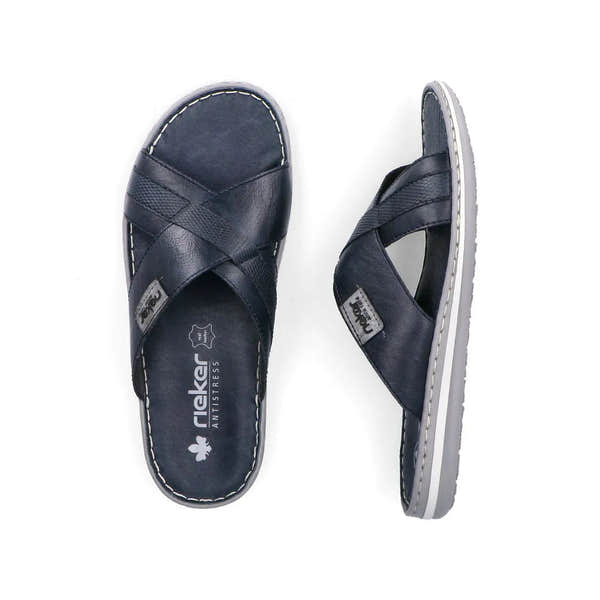 Rieker 21082-14 men's navy/grey leather elasticated mule slippers with cushioned insole and slip-on design.