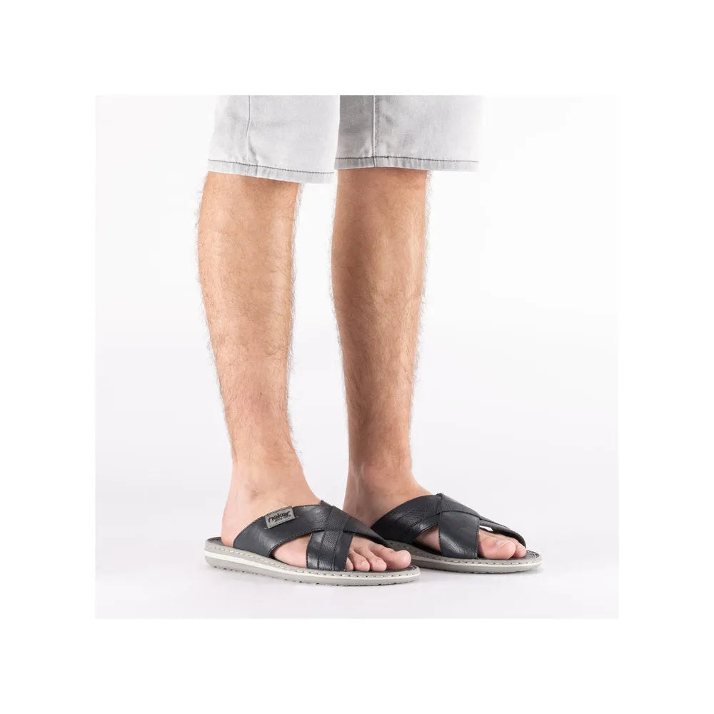Rieker 21082-14 men's wide-fit navy and grey leather elasticated mule slides with cushioned soles.
