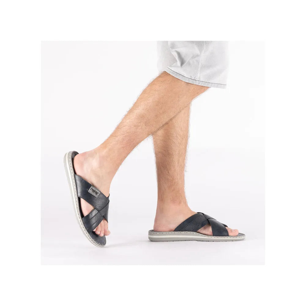 Rieker 21082-14 Mens Wide Navy/Grey Leather Elasticated Mules, casual slip-on footwear with open toes and cushioned soles.