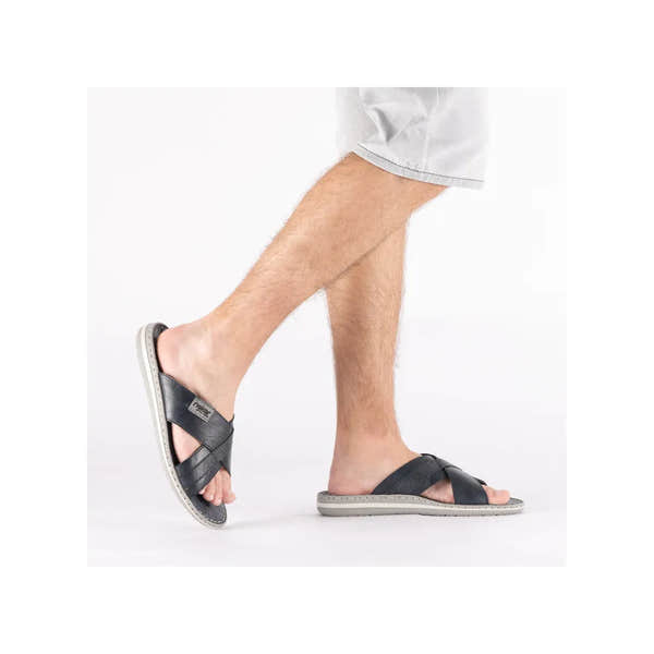 Rieker 21082-14 Mens Wide Navy/Grey Leather Elasticated Mules, casual slip-on footwear with open toes and cushioned soles.
