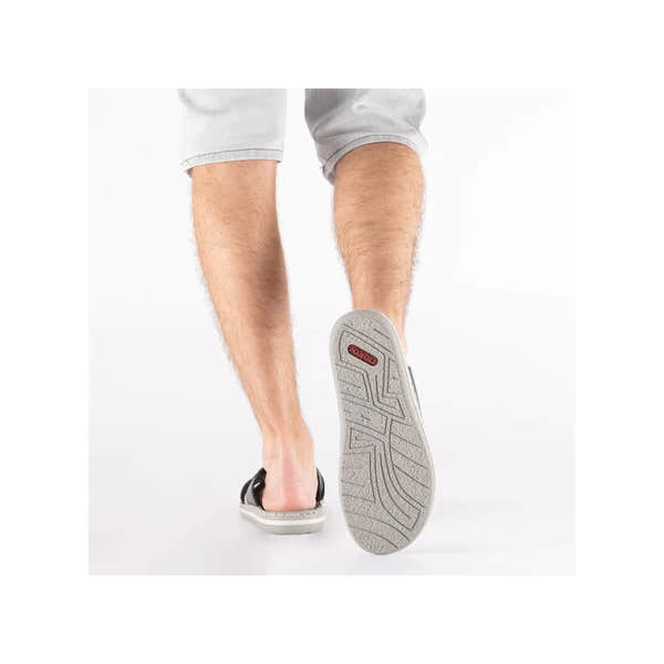 Rieker 21082-14 men's wide navy and grey leather elasticated mules, casual slip-on footwear with cushioned sole.