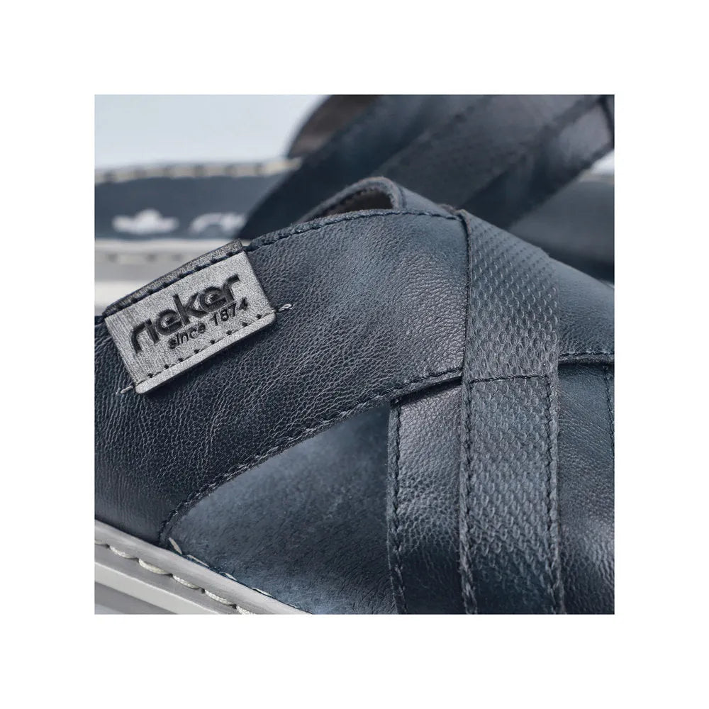Rieker 21082-14 men's wide navy and grey leather elasticated mule slippers with strap detail.