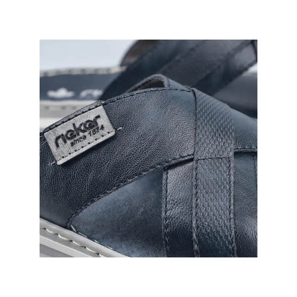 Rieker 21082-14 men's wide navy and grey leather elasticated mule slippers with strap detail.