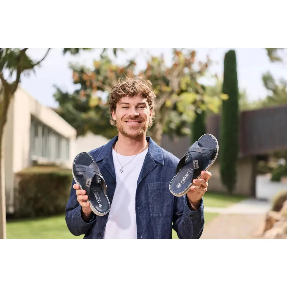 Rieker 21082-14 men's wide navy/grey leather elasticated mules, casual slip-on footwear, comfortable and stylish for men.