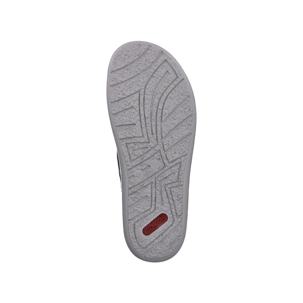 Rieker 21082-14 men's navy and grey leather elasticated mule with textured sole and red logo detail.