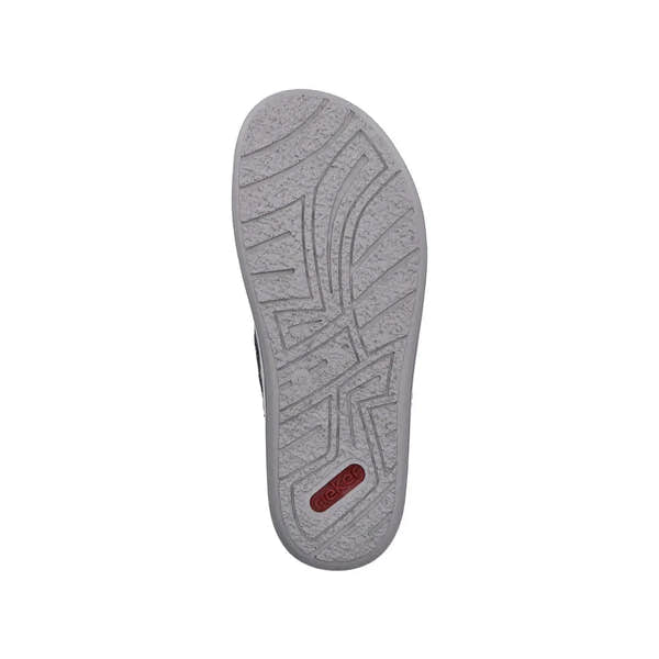 Rieker 21082-14 men's navy and grey leather elasticated mule with textured sole and red logo detail.
