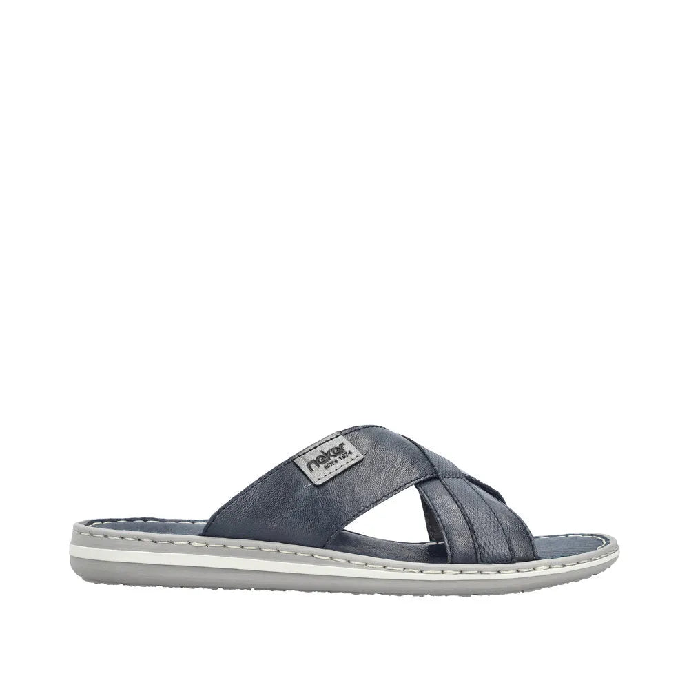 Rieker 21082-14 men's navy/grey leather elasticated mule slippers with cushioned sole and slip-on design.