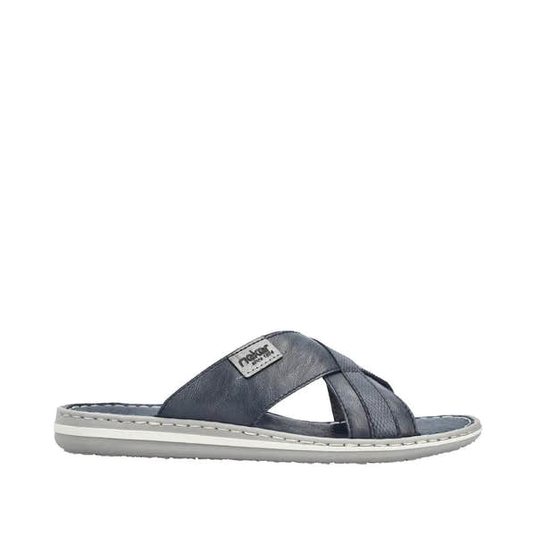 Rieker 21082-14 men's navy/grey leather elasticated mule slippers with cushioned sole and slip-on design.