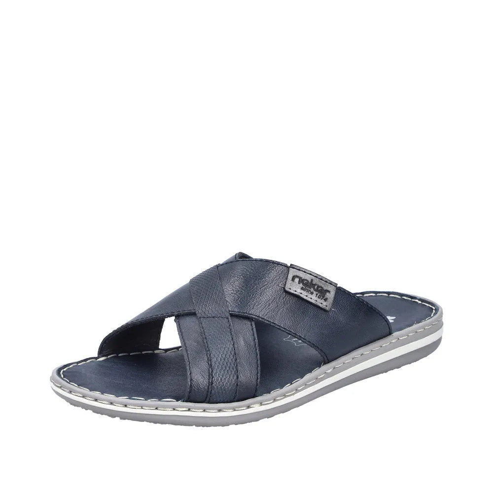 Rieker 21082-14 men's navy and grey leather elasticated slip-on mule sandals.
