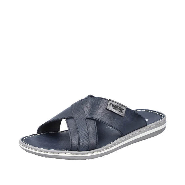 Rieker 21082-14 men's navy and grey leather elasticated slip-on mule sandals.