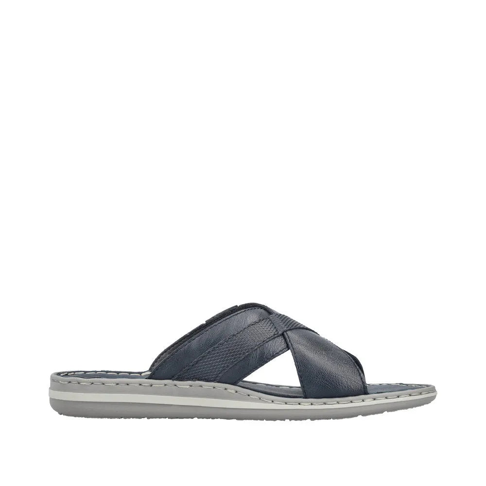 Rieker 21082-14 men's wide fit navy and grey leather elasticated slip-on mule sandals.
