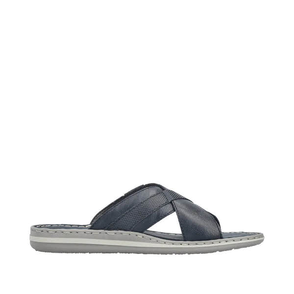 Rieker 21082-14 men's wide fit navy and grey leather elasticated slip-on mule sandals.