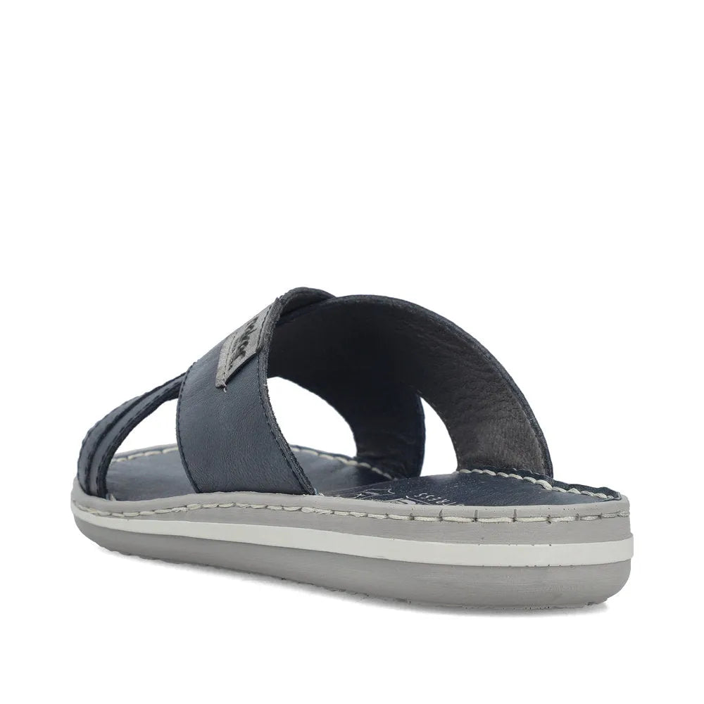 Rieker 21082-14 men's wide fit navy and grey leather elasticated mule sandals with cushioned sole.