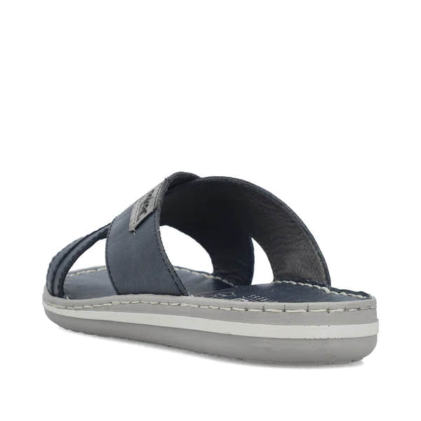 Rieker 21082-14 men's wide fit navy and grey leather elasticated mule sandals with cushioned sole.