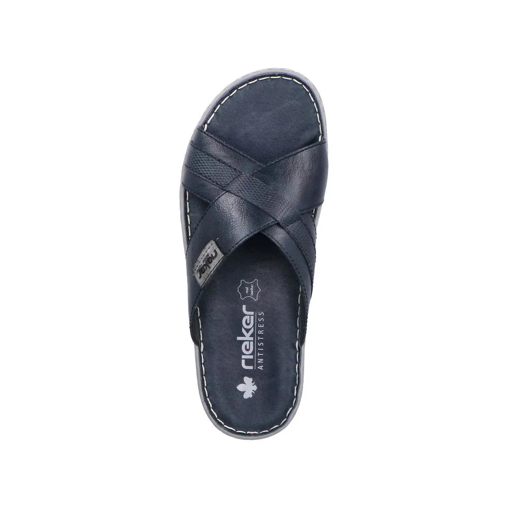 Rieker 21082-14 men's wide navy/grey leather elasticated mule sandal, cushioned footbed, anti-stress design, slip-on style.