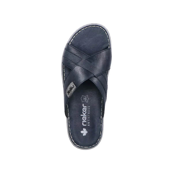 Rieker 21082-14 men's wide navy/grey leather elasticated mule sandal, cushioned footbed, anti-stress design, slip-on style.