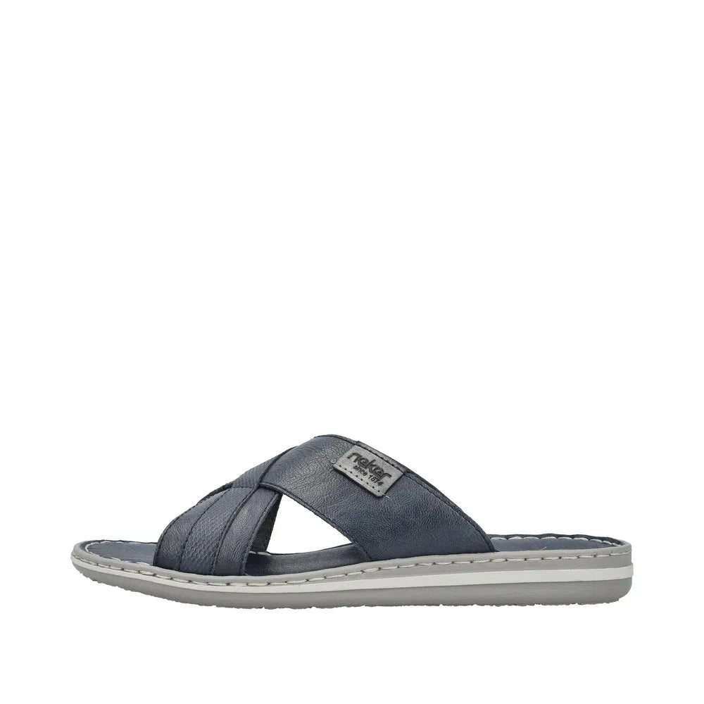 Rieker 21082-14 men's wide-fit navy and grey leather elasticated slip-on mule sandals.