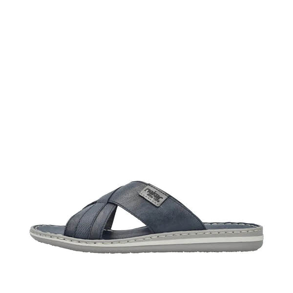 Rieker 21082-14 men's wide-fit navy and grey leather elasticated slip-on mule sandals.