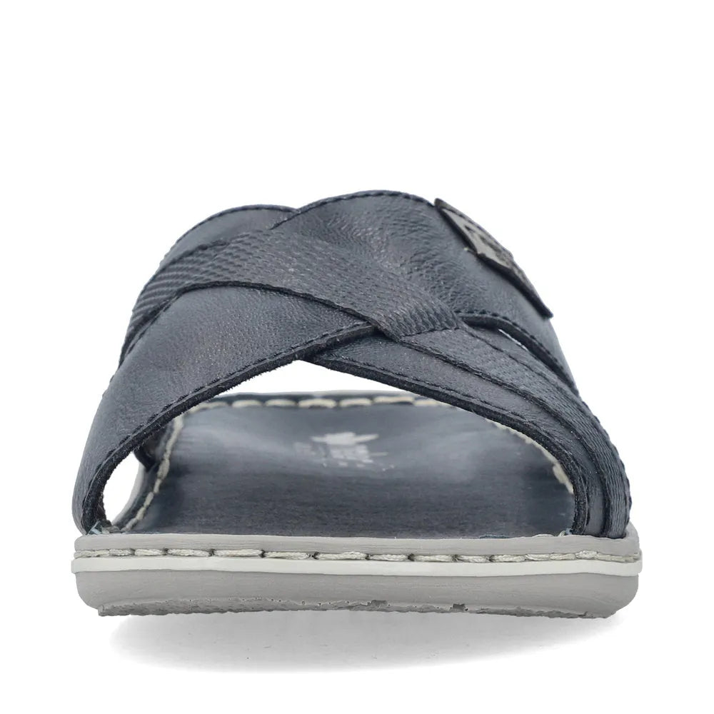 Rieker 21082-14 men's wide navy/grey leather elasticated mule sandal with cushioned footbed and open toe design.