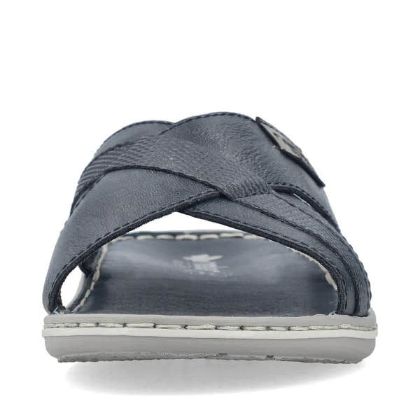 Rieker 21082-14 men's wide navy/grey leather elasticated mule sandal with cushioned footbed and open toe design.