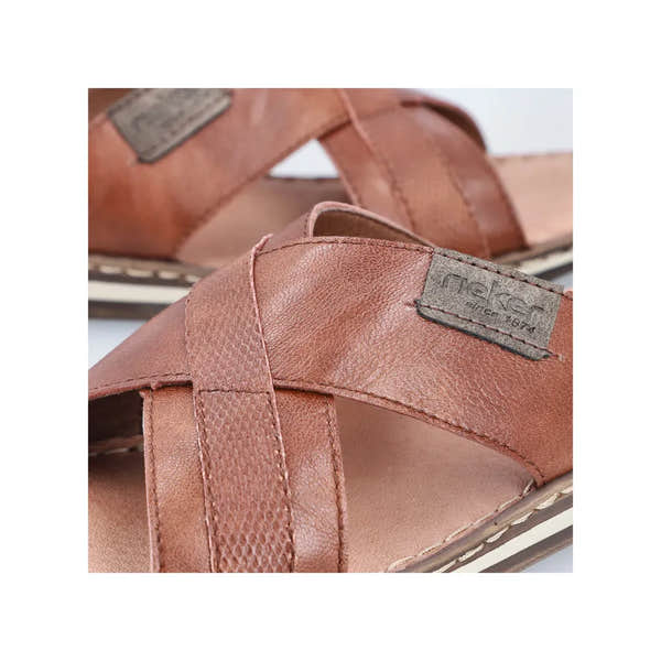 Rieker 21082-24 men's brown leather slip-on sandals with cross strap design and textured finish.