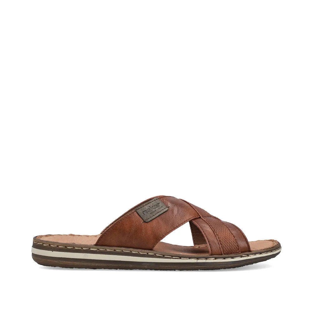 Rieker 21082-24 men's brown leather slip-on sandals with open toe design and cushioned footbed.