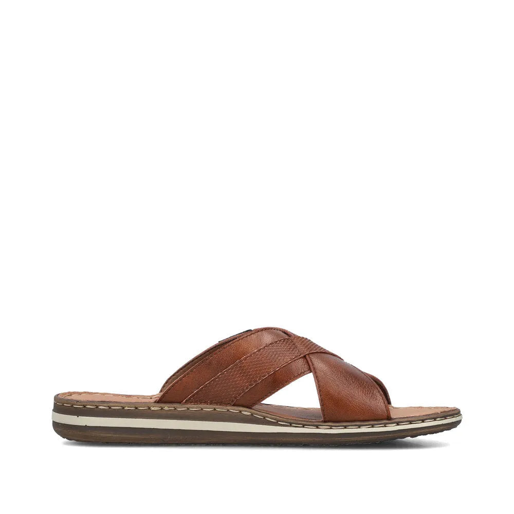 Rieker 21082-24 men's brown leather slip-on sandals with crossed straps and cushioned sole.