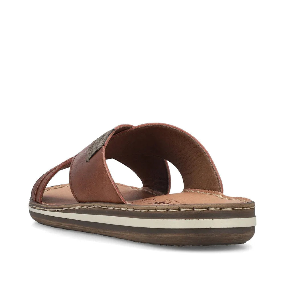 Rieker 21082-24 men's brown leather slip-on sandals with cushioned insole and casual design.