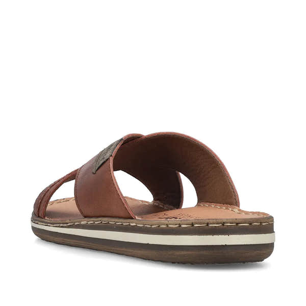 Rieker 21082-24 men's brown leather slip-on sandals with cushioned insole and casual design.