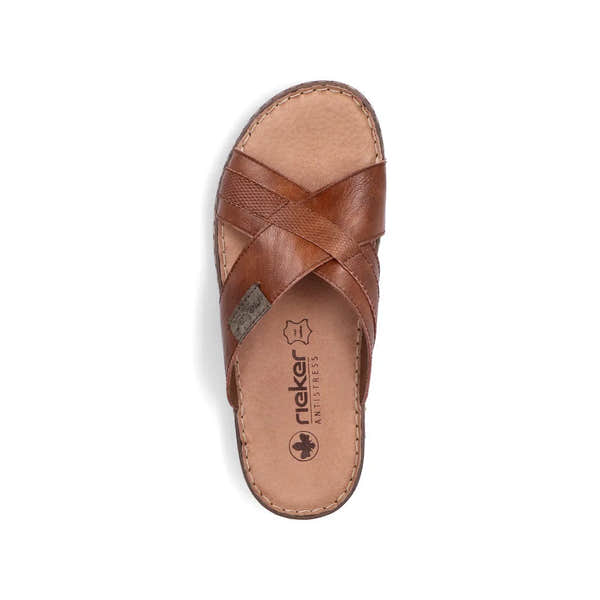 Rieker men's brown leather slip-on sandal with crisscross straps and cushioned footbed.