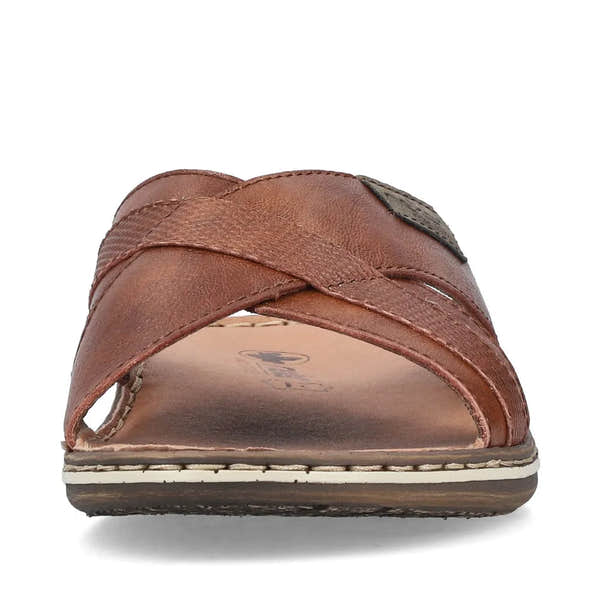 Rieker 21082-24 men's brown leather slip-on sandals with crisscross straps and cushioned footbed.