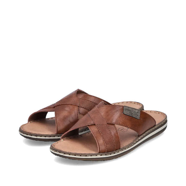Rieker 21082-24 men's brown leather slip-on sandals with crisscross straps and cushioned footbed.