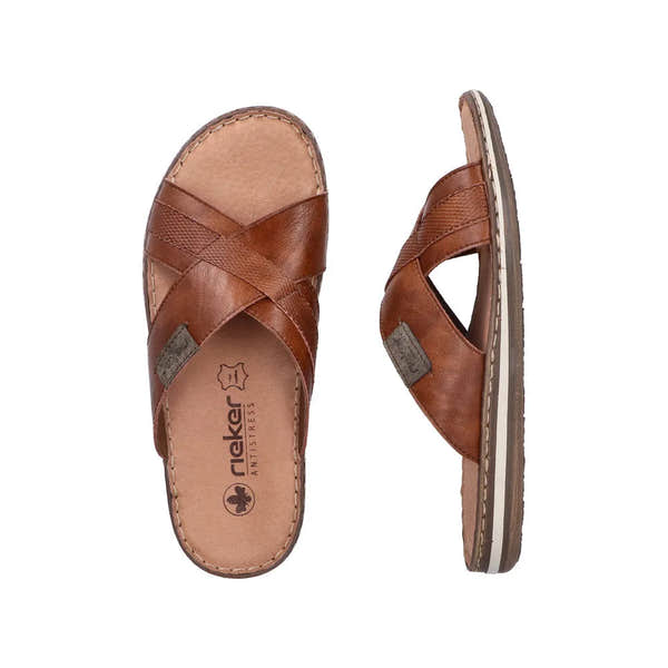 Rieker 21082-24 men's brown leather slip-on sandals with cross-strap design and cushioned footbed.