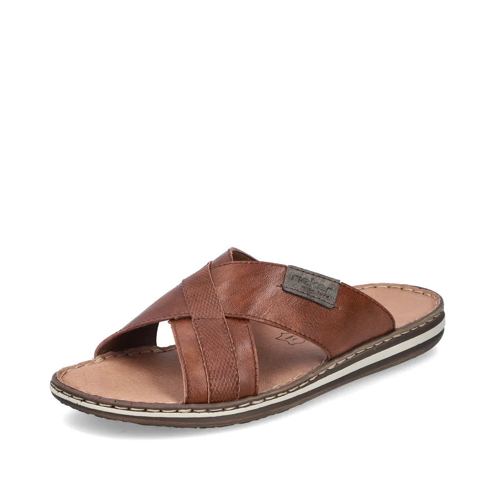 Rieker 21082-24 men's brown leather slip-on sandals with crisscross straps and cushioned footbed.