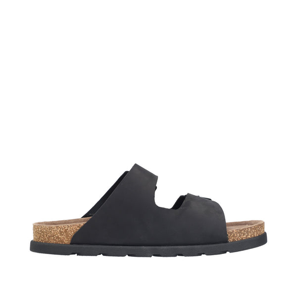 Rieker 21190-00 men's wide black suede buckle mule sandals with cork and rubber sole.