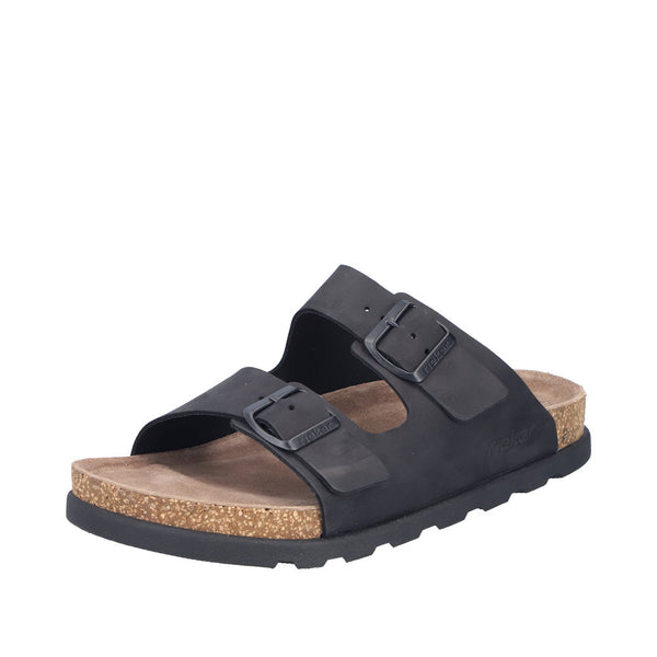 Rieker 21190-00 men's black suede wide-fit buckle mule sandals with cork footbed and rubber sole.
