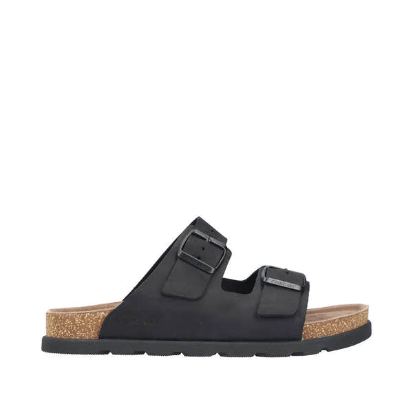 Rieker 21190-00 men's wide fit black suede buckle mules with cork footbed and outsole.
