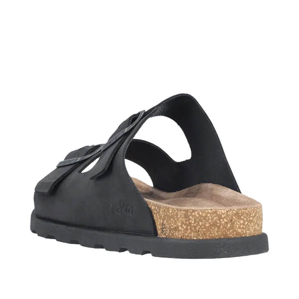Rieker 21190-00 men's wide-fit black suede slip-on mule sandal with buckle, cushioned footbed, and textured sole.
