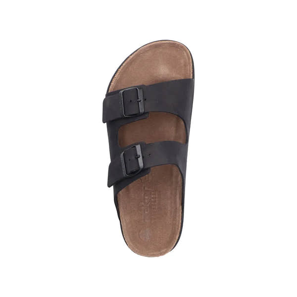 Rieker 21190-00 men's wide-fit black suede buckle mules with dual straps and cushioned footbed.