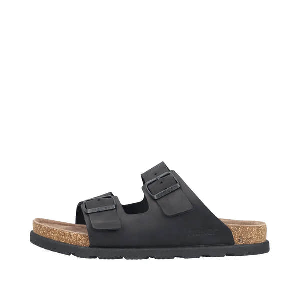 Rieker men's wide fit black suede buckle mule sandals with cork footbed and rubber sole.