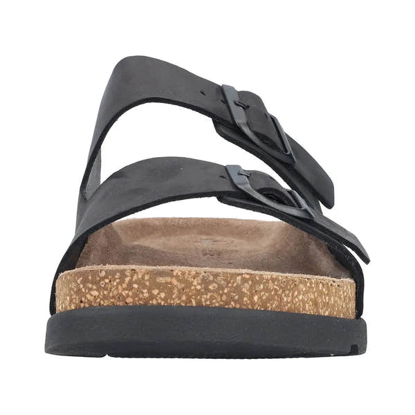 Rieker 21190-00 men's wide-fit black suede buckle mule sandals with cork and rubber sole.