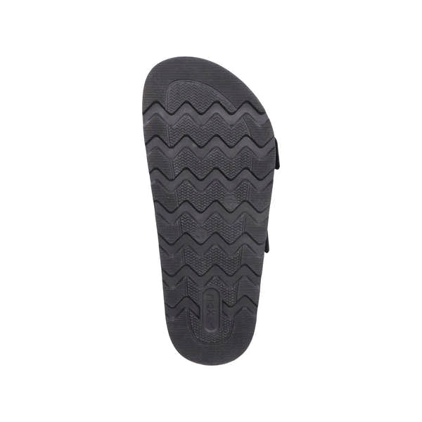 Rieker 21190-00 men's black suede wide-fit mule with buckle, rubber sole, and textured tread pattern.