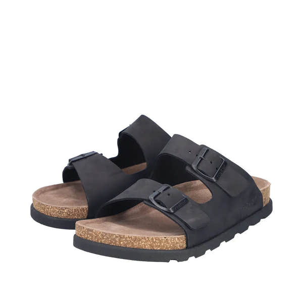 Rieker 21190-00 men's wide-fit black suede buckle mules with cork footbed and rugged outsole.