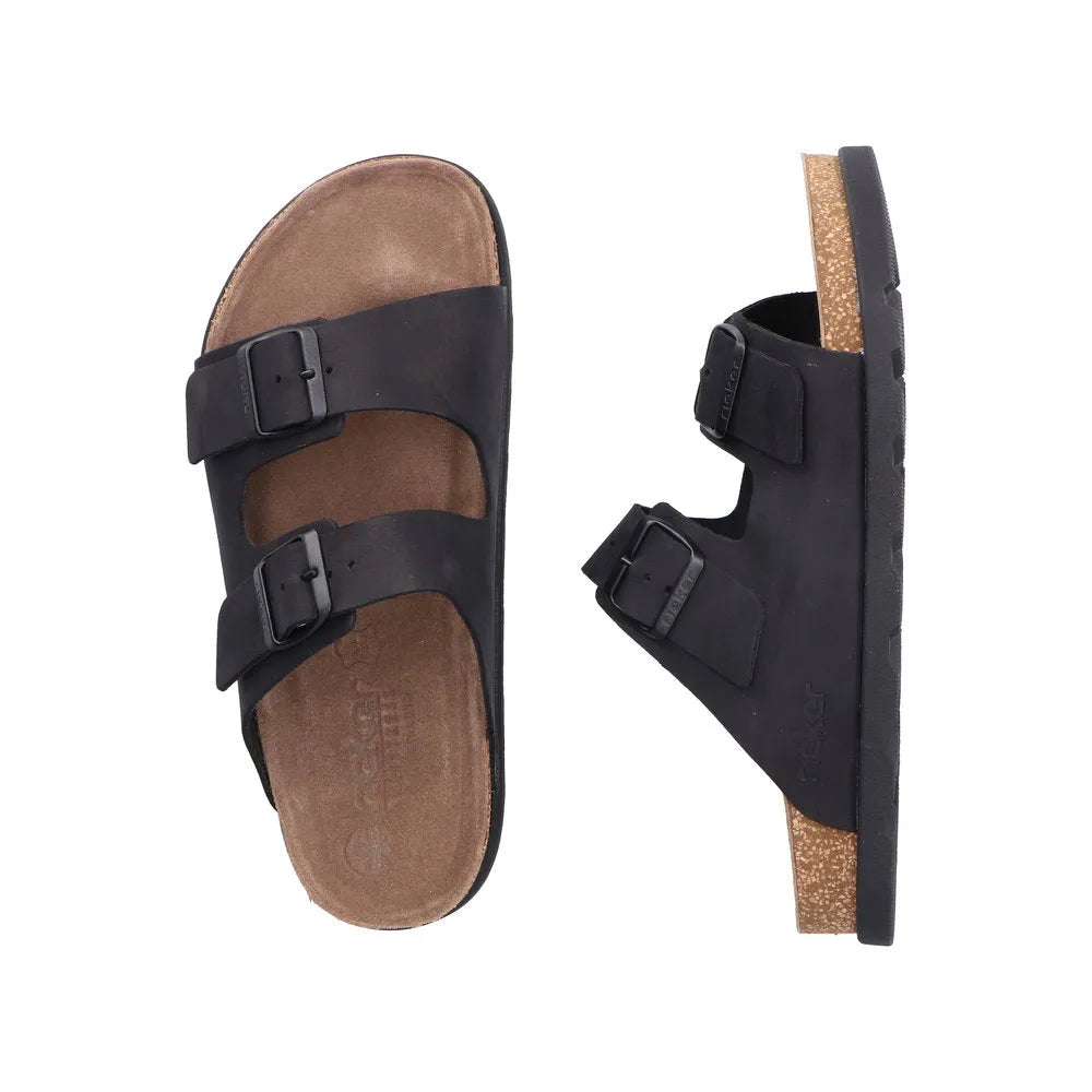 Rieker men's wide fit black suede buckle mule sandals, cushioned footbed, slip-on design, comfortable summer footwear.
