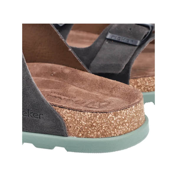 Rieker 21190-45 men's wide fit grey suede buckle mule sandals with cork footbed and light mint green outsole.