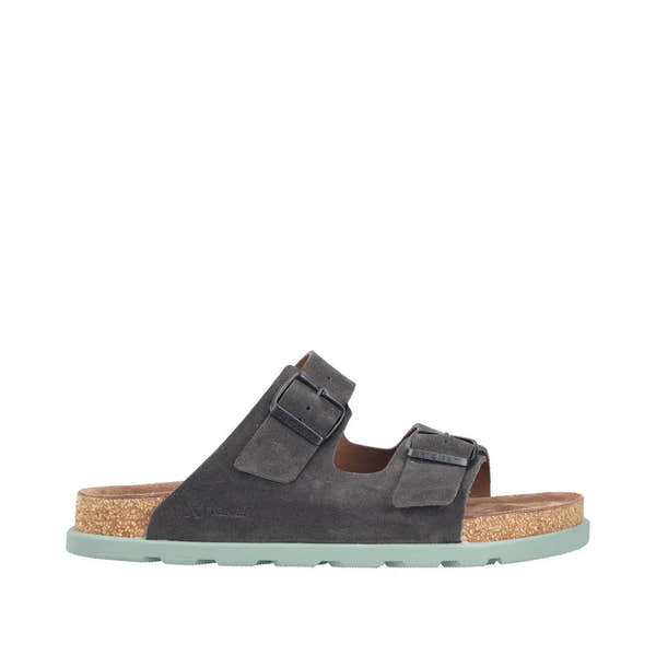 Rieker 21190-45 men's wide fit grey suede buckle mule sandals with cork footbed and rubber sole.