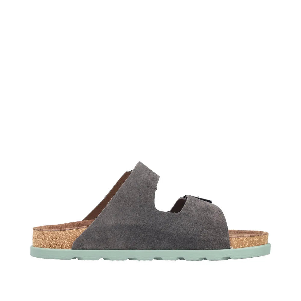 Rieker 21190-45 men's wide fit grey suede buckle mule sandals with cork footbed and rubber sole.
