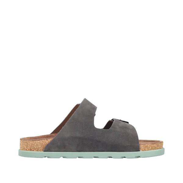 Rieker 21190-45 men's wide fit grey suede buckle mule sandals with cork footbed and rubber sole.