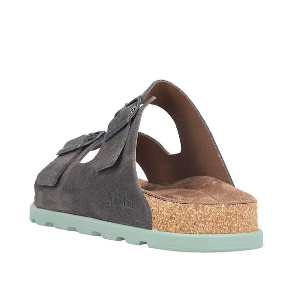 Rieker 21190-45 men's wide fit grey suede buckle mule sandal with cork footbed and light green rubber sole.