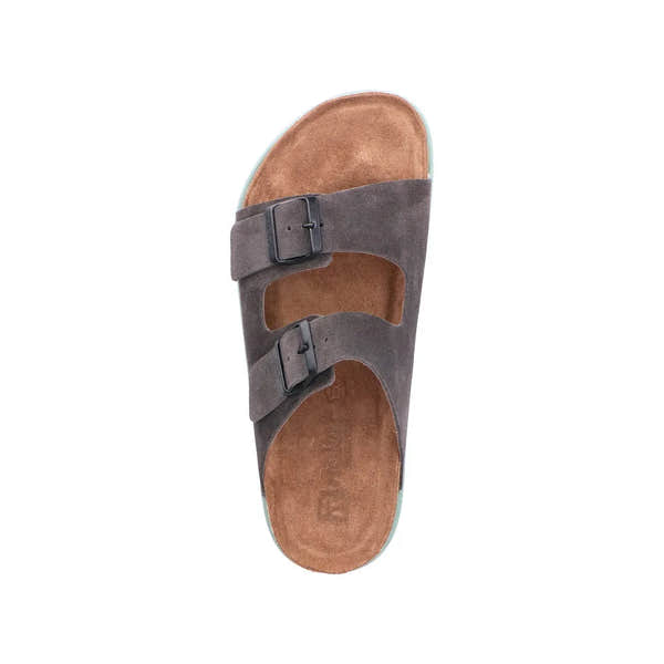 Rieker 21190-45 men's wide grey suede buckle mule sandals, open-toe design with two adjustable straps.
